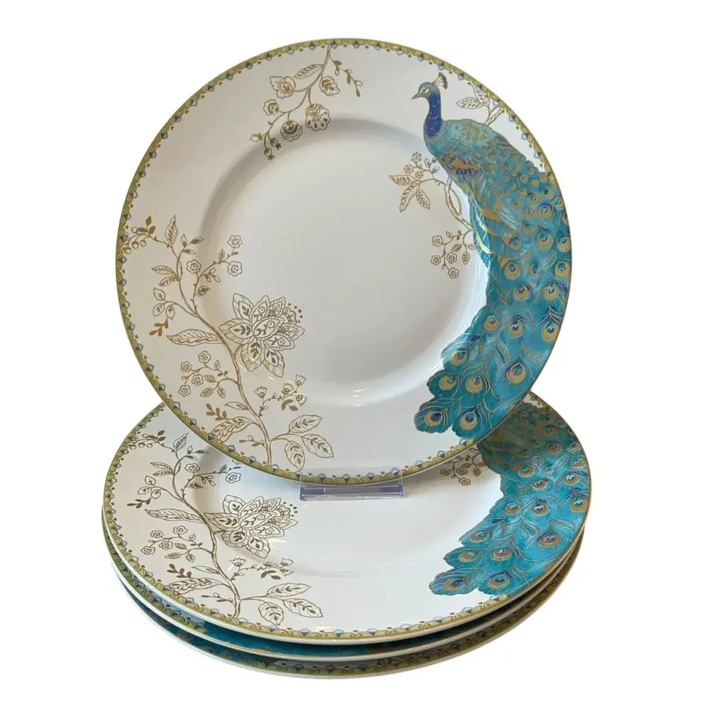 222 FIFTH Peacock Garden Porcelain Dinner Plate Set of 4 Gold Floral Scroll NEW